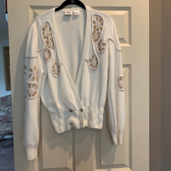 Madeleine Cream/Tan Embellished Cardigan Sweater sz S - Picture 1 of 5